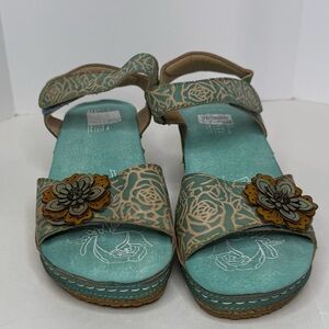 NEW L’artiste Turquoise Blue and Tan Leather Sandals with Ankle Strap Sz 39 Euro